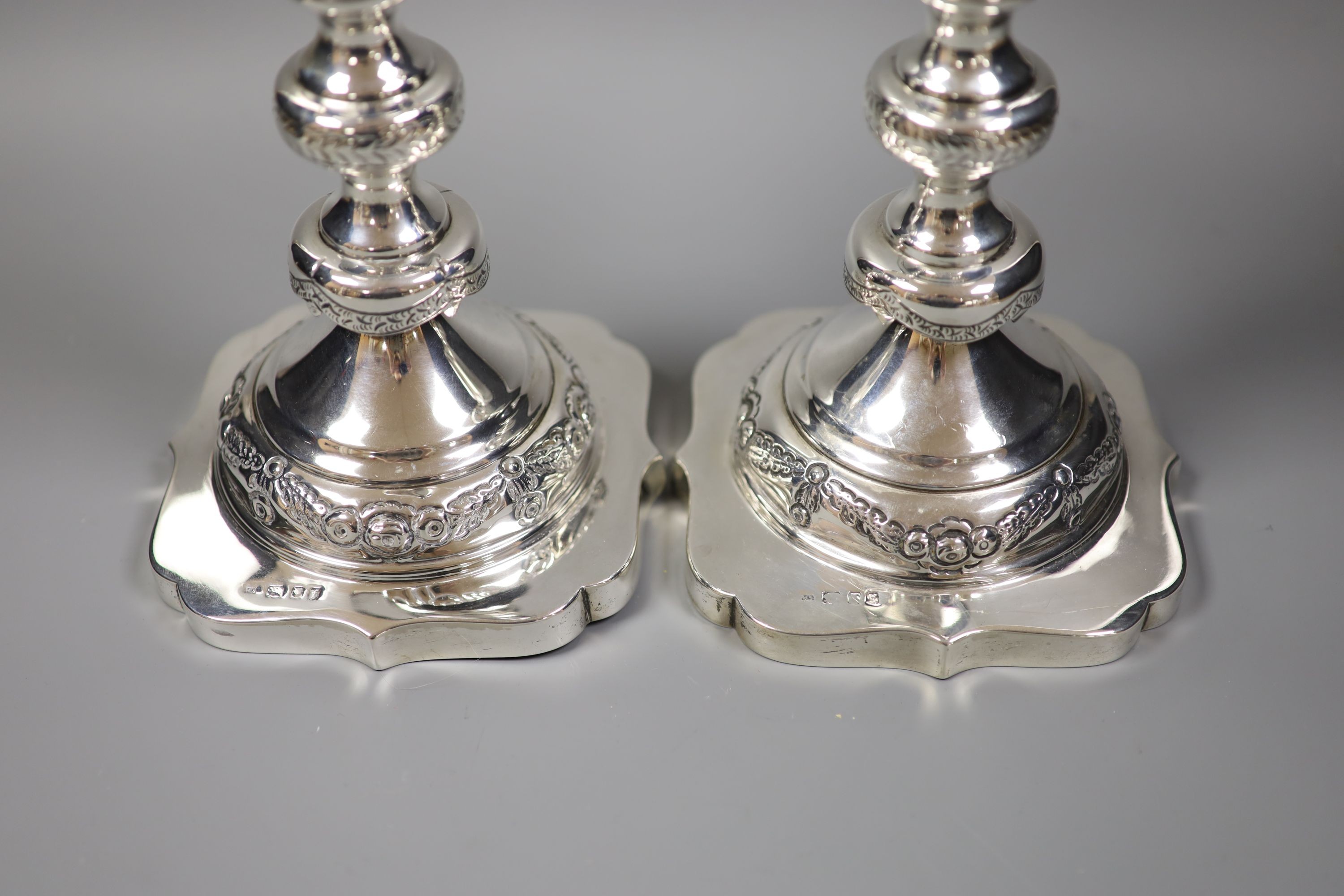 A pair of George V silver Sabbath Day candlesticks, Morris Salkind?, London, 1921, 36.9cm